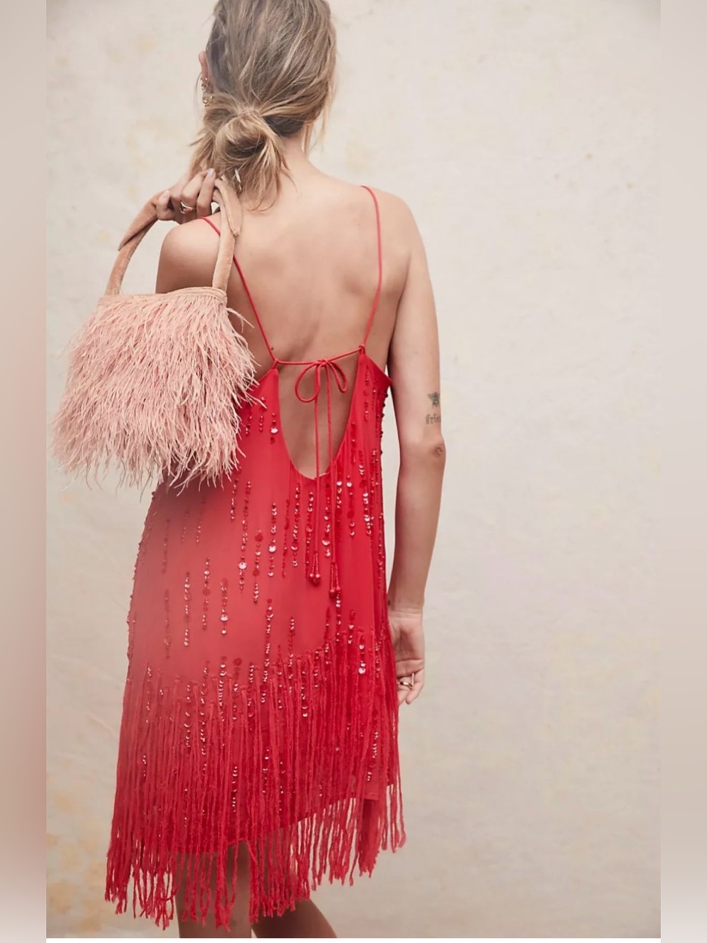 Free People Crystal Clear Sequin Fringe Mini Dress Red Size XS